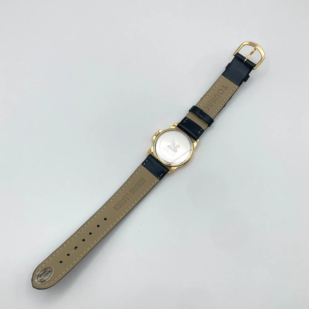 Tourneau Pegasus Watch Women 30mm Gold Tone Black Leather 30M New Battery 8.25